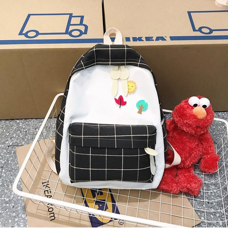 Large-capacity Fresh Tree and Sun Lattice Pattern Color Matching Casual Double Shoulders Bag Double Zipper Backpack Bag