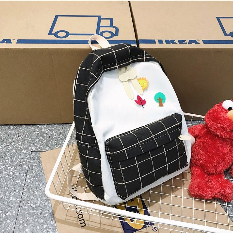 Large-capacity Fresh Tree and Sun Lattice Pattern Color Matching Casual Double Shoulders Bag Double Zipper Backpack Bag