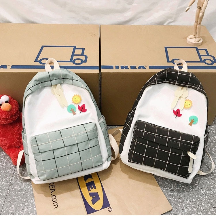 Large-capacity Fresh Tree and Sun Lattice Pattern Color Matching Casual Double Shoulders Bag Double Zipper Backpack Bag