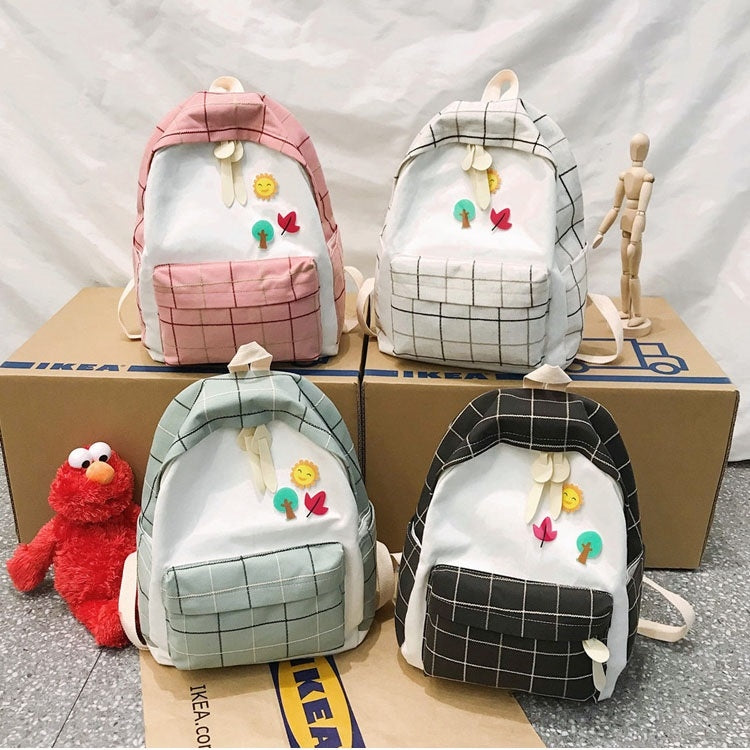Large-capacity Fresh Tree and Sun Lattice Pattern Color Matching Casual Double Shoulders Bag Double Zipper Backpack Bag