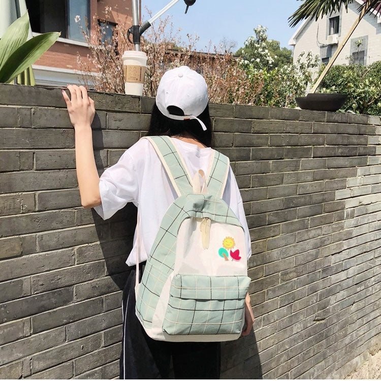 Large-capacity Fresh Tree and Sun Lattice Pattern Color Matching Casual Double Shoulders Bag Double Zipper Backpack Bag