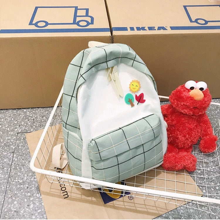 Large-capacity Fresh Tree and Sun Lattice Pattern Color Matching Casual Double Shoulders Bag Double Zipper Backpack Bag