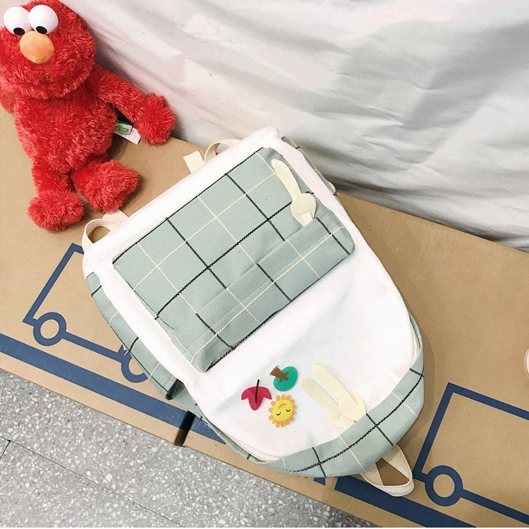 Large-capacity Fresh Tree and Sun Lattice Pattern Color Matching Casual Double Shoulders Bag Double Zipper Backpack Bag