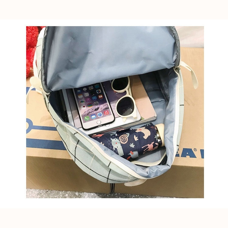 Large-capacity Fresh Tree and Sun Lattice Pattern Color Matching Casual Double Shoulders Bag Double Zipper Backpack Bag