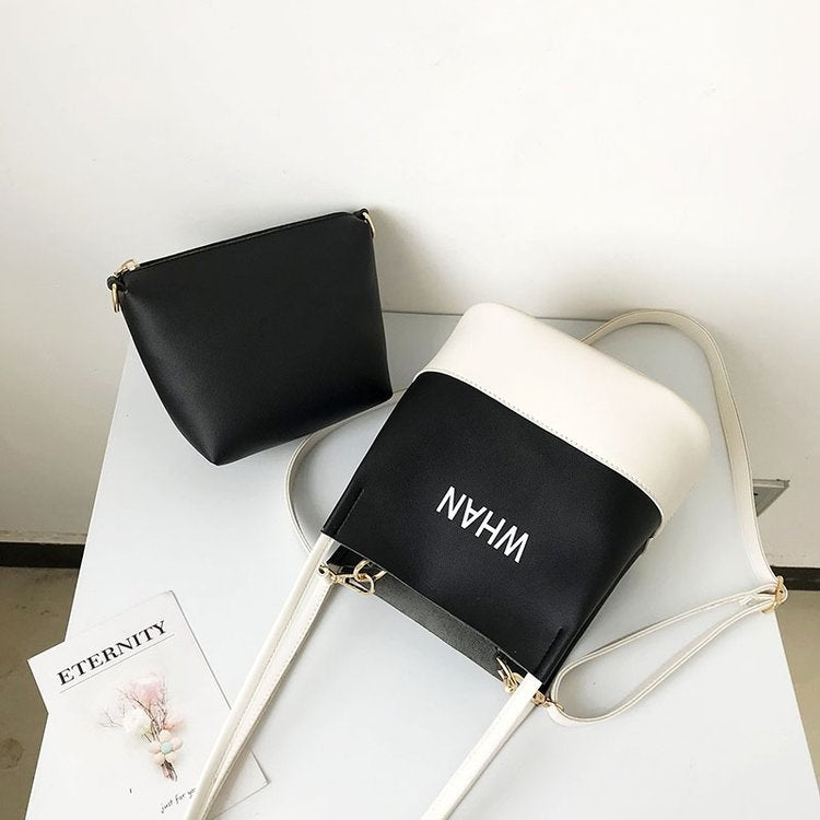 2 in 1 Bucket Bag Color Matching PU Leather Single Shoulder Bag Ladies Handbag Messenger Bag (Black)