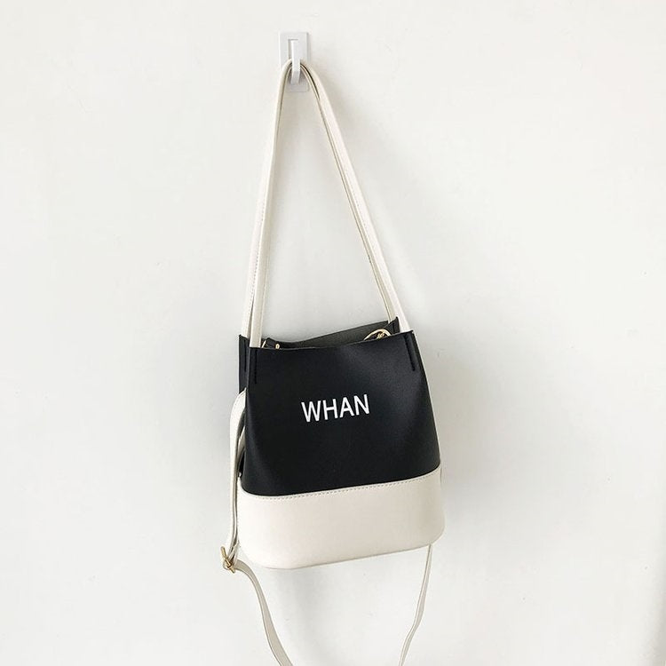 2 in 1 Bucket Bag Color Matching PU Leather Single Shoulder Bag Ladies Handbag Messenger Bag (Black)