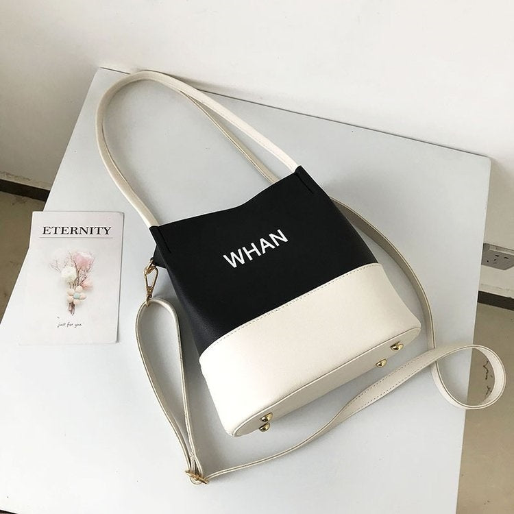 2 in 1 Bucket Bag Color Matching PU Leather Single Shoulder Bag Ladies Handbag Messenger Bag (Black)