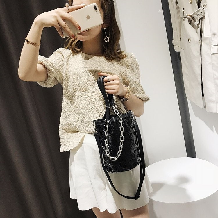 Sequin Bucket Bag PU Leather Single Shoulder Bag Ladies Handbag Messenger Bag