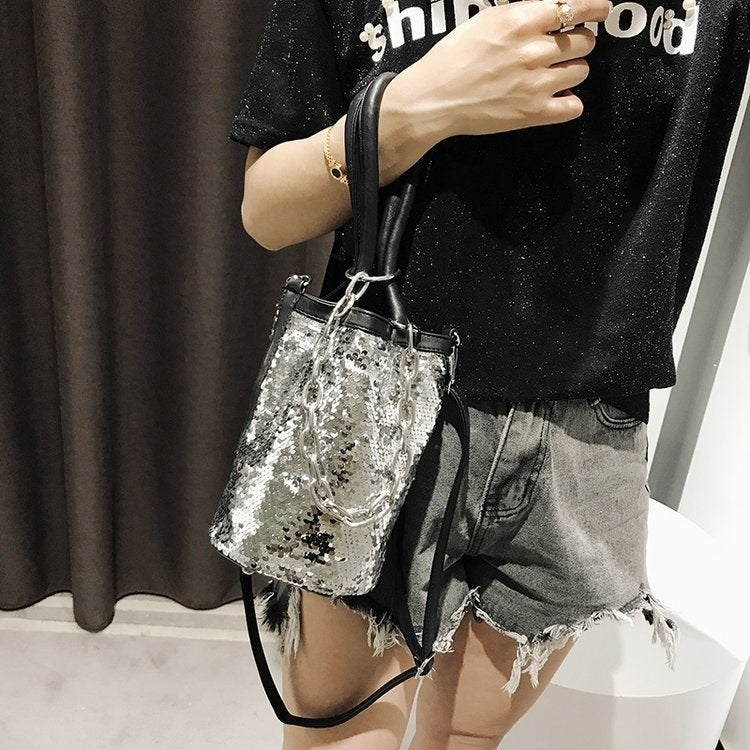 Sequin Bucket Bag PU Leather Single Shoulder Bag Ladies Handbag Messenger Bag