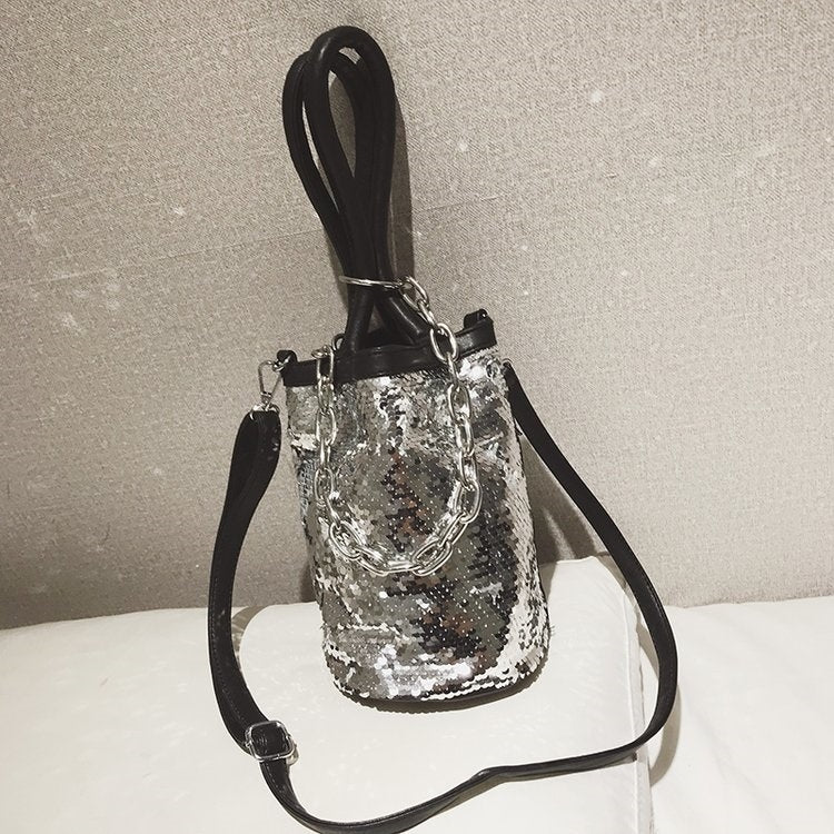 Sequin Bucket Bag PU Leather Single Shoulder Bag Ladies Handbag Messenger Bag