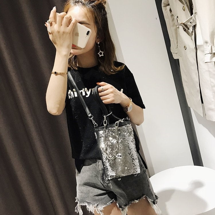 Sequin Bucket Bag PU Leather Single Shoulder Bag Ladies Handbag Messenger Bag