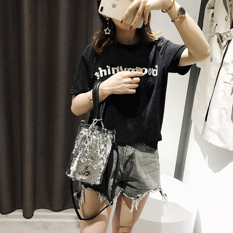 Sequin Bucket Bag PU Leather Single Shoulder Bag Ladies Handbag Messenger Bag