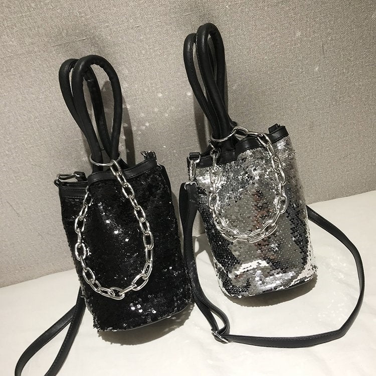 Sequin Bucket Bag PU Leather Single Shoulder Bag Ladies Handbag Messenger Bag