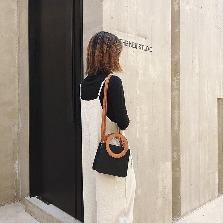 Round Ring Handle Color Matching Matte PU Leather Single Shoulder Bag Ladies Handbag Messenger Bag