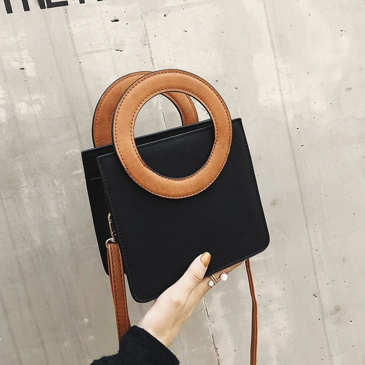 Round Ring Handle Color Matching Matte PU Leather Single Shoulder Bag Ladies Handbag Messenger Bag