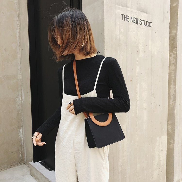 Round Ring Handle Color Matching Matte PU Leather Single Shoulder Bag Ladies Handbag Messenger Bag