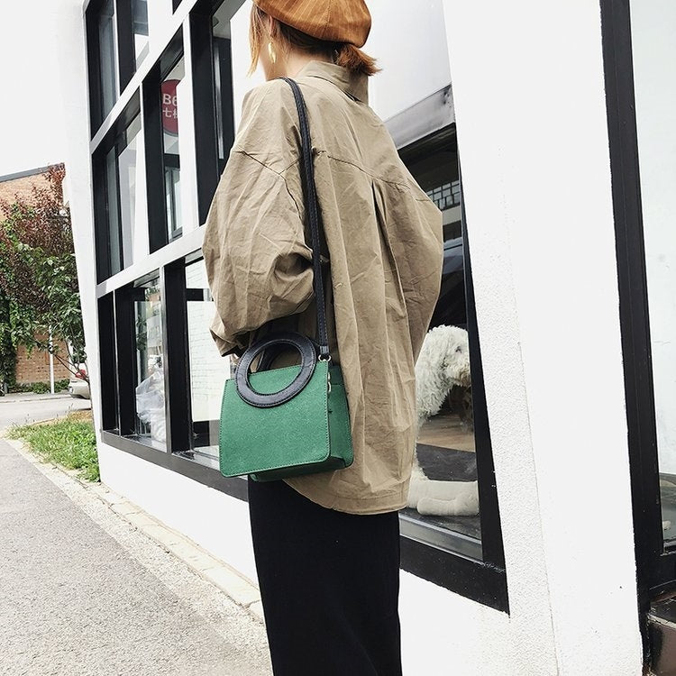 Round Ring Handle Color Matching Matte PU Leather Single Shoulder Bag Ladies Handbag Messenger Bag