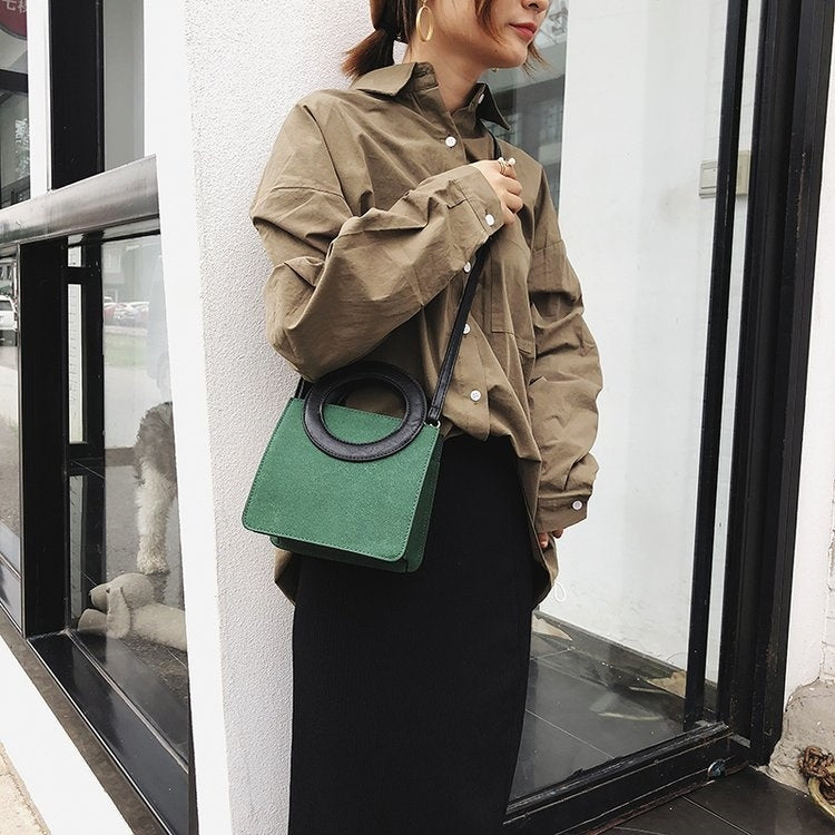 Round Ring Handle Color Matching Matte PU Leather Single Shoulder Bag Ladies Handbag Messenger Bag