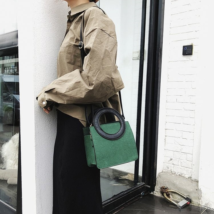 Round Ring Handle Color Matching Matte PU Leather Single Shoulder Bag Ladies Handbag Messenger Bag