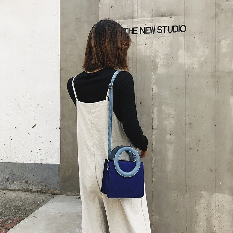 Round Ring Handle Color Matching Matte PU Leather Single Shoulder Bag Ladies Handbag Messenger Bag