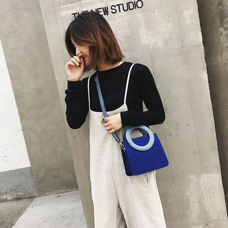 Round Ring Handle Color Matching Matte PU Leather Single Shoulder Bag Ladies Handbag Messenger Bag