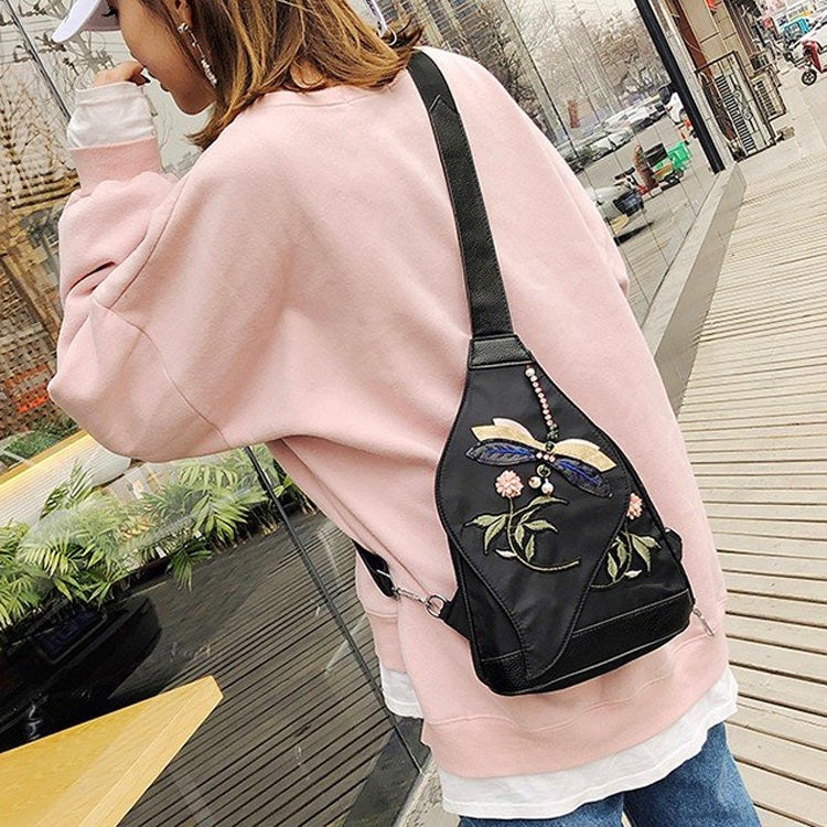 Dragonfly Embroidered Chest Bag Single Shoulder Bag Ladies Handbag Messenger Bag (Black)