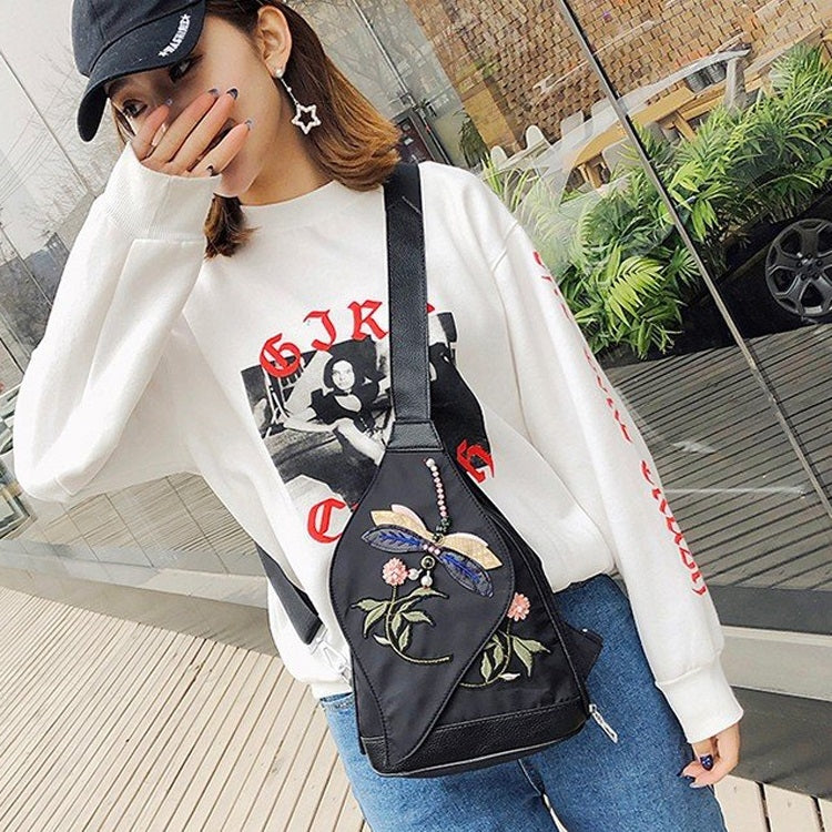 Dragonfly Embroidered Chest Bag Single Shoulder Bag Ladies Handbag Messenger Bag (Black)