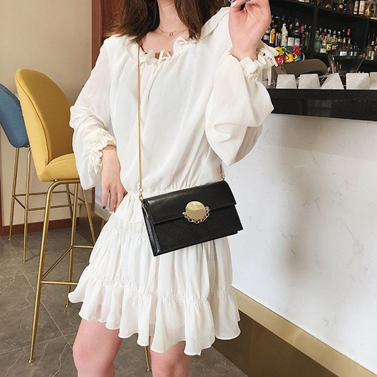 Round Buckle Rhombus Texture Pure Color PU Leather Chain Single Shoulder Bag Ladies Handbag Messenger Bag