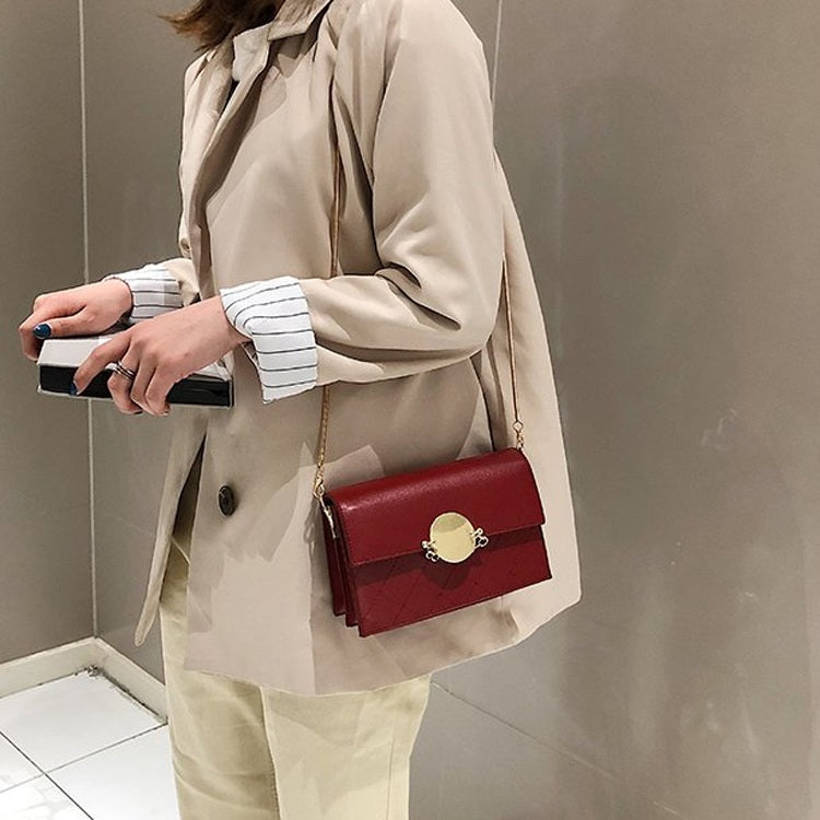 Round Buckle Rhombus Texture Pure Color PU Leather Chain Single Shoulder Bag Ladies Handbag Messenger Bag