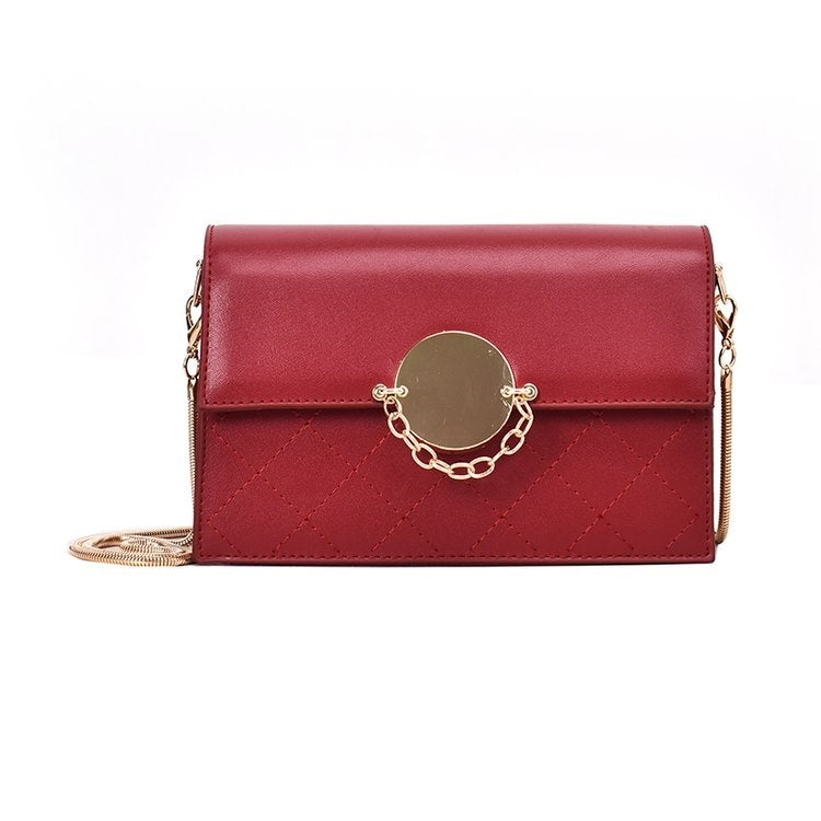 Round Buckle Rhombus Texture Pure Color PU Leather Chain Single Shoulder Bag Ladies Handbag Messenger Bag