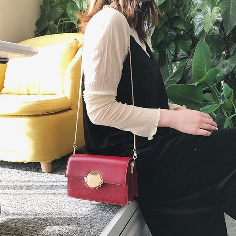 Round Buckle Rhombus Texture Pure Color PU Leather Chain Single Shoulder Bag Ladies Handbag Messenger Bag