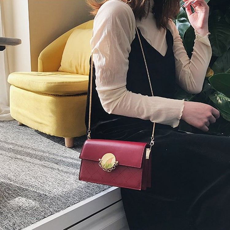 Round Buckle Rhombus Texture Pure Color PU Leather Chain Single Shoulder Bag Ladies Handbag Messenger Bag