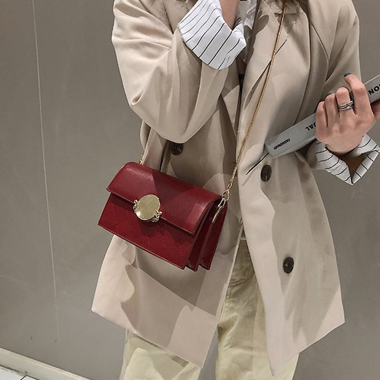 Round Buckle Rhombus Texture Pure Color PU Leather Chain Single Shoulder Bag Ladies Handbag Messenger Bag