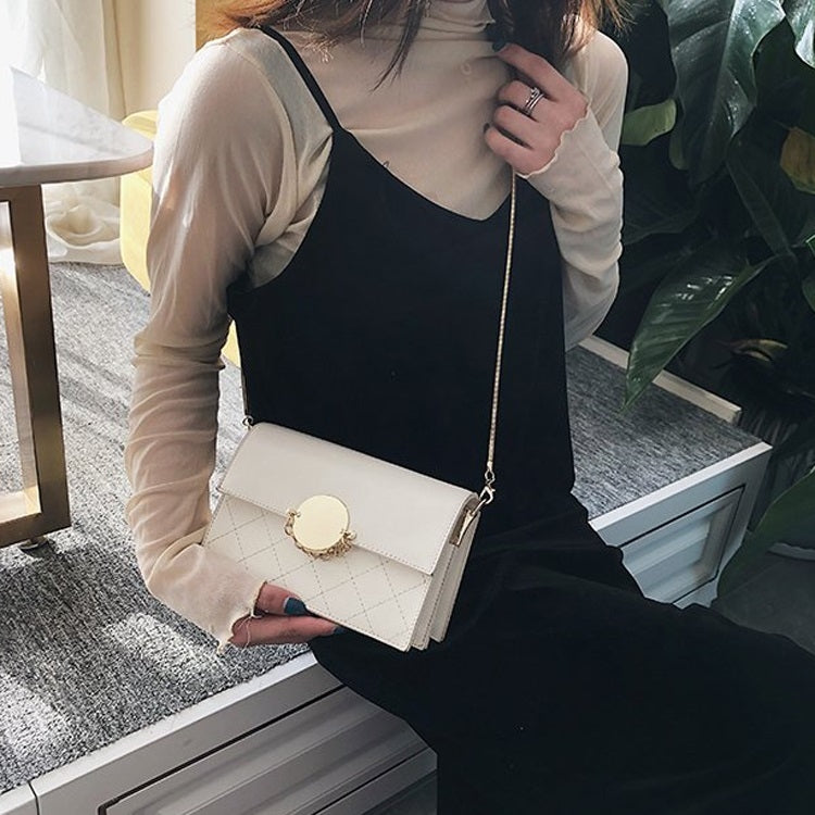 Round Buckle Rhombus Texture Pure Color PU Leather Chain Single Shoulder Bag Ladies Handbag Messenger Bag