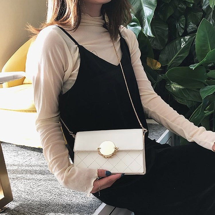 Round Buckle Rhombus Texture Pure Color PU Leather Chain Single Shoulder Bag Ladies Handbag Messenger Bag