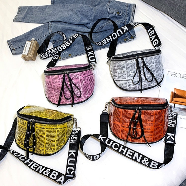 Fashion Newspaper Printing Plastic Transparent Jelly Waist Chest Bag Dual-zipper Single Shoulder Bag Messenger Bag