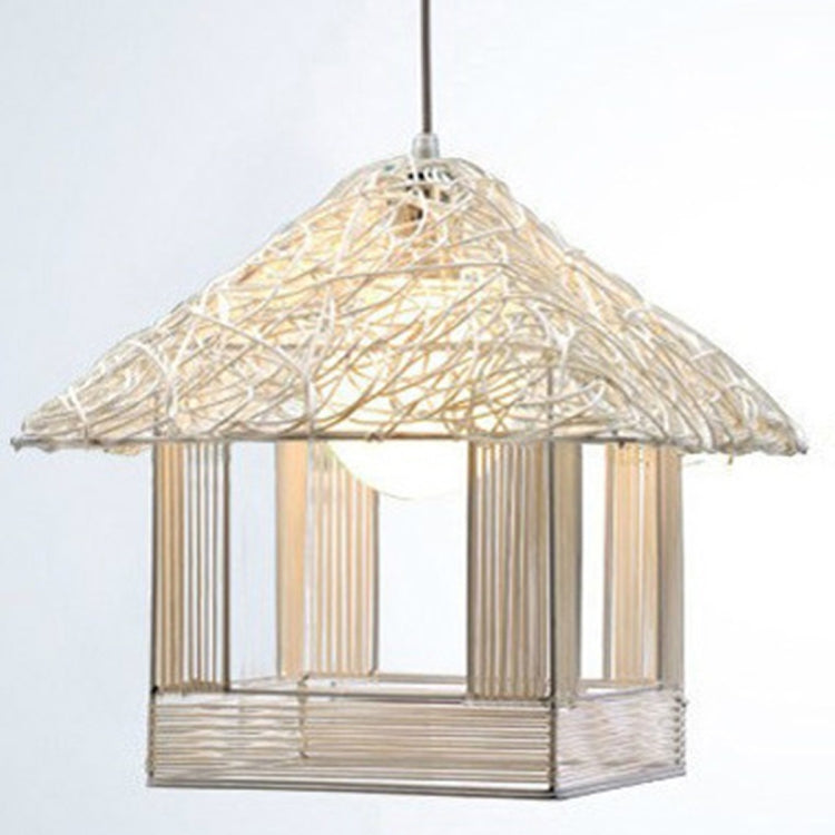 Chinese Style Square Pavilio Rattan Pendant Lamp Ceiling Lamp for Bedroom Living Room Dining Room