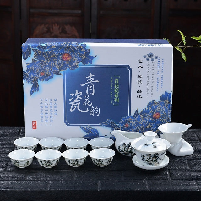 11 in 1 Kung Fu Tea Complete Set Blue And White Porcelain Cups Ceramic Cover Bowl Travel Teaware Set with 8 Tea Cups