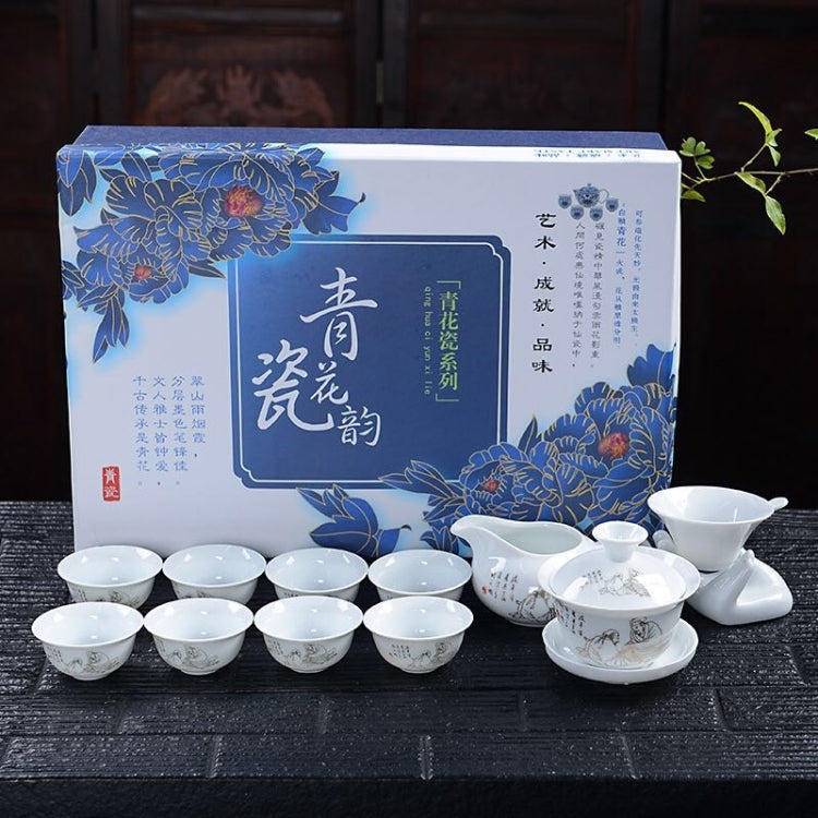 11 in 1 Kung Fu Tea Complete Set Blue And White Porcelain Cups Ceramic Cover Bowl Travel Teaware Set with 8 Tea Cups