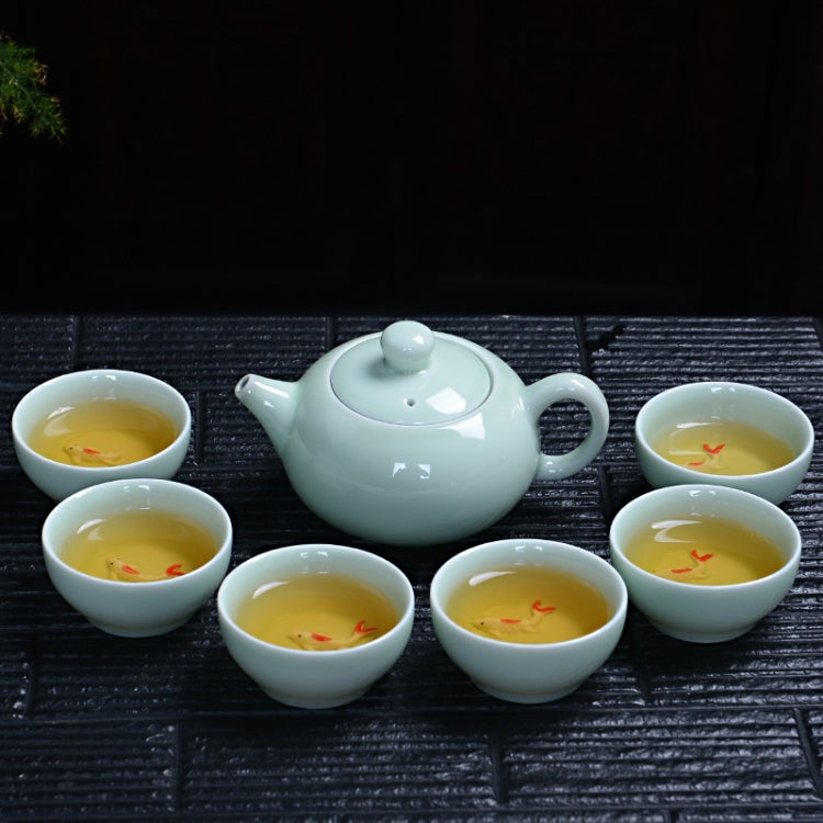 7 in 1 Longquan Celadon Tea Set Embossed Color Squid Cup Kung Fu Teacup Ceramic Set High-end Tea Set with 6 Tea Cups