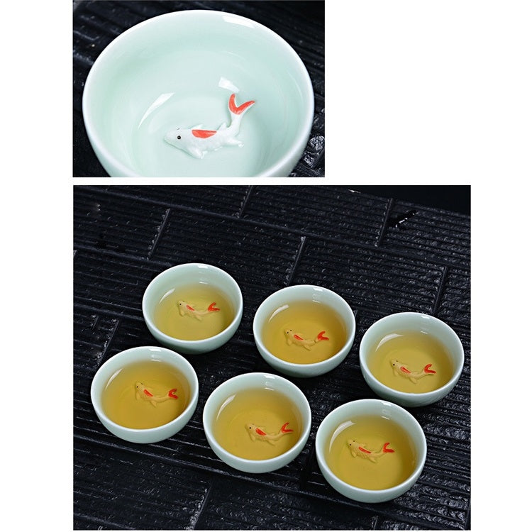 7 in 1 Longquan Celadon Tea Set Embossed Color Squid Cup Kung Fu Teacup Ceramic Set High-end Tea Set with 6 Tea Cups