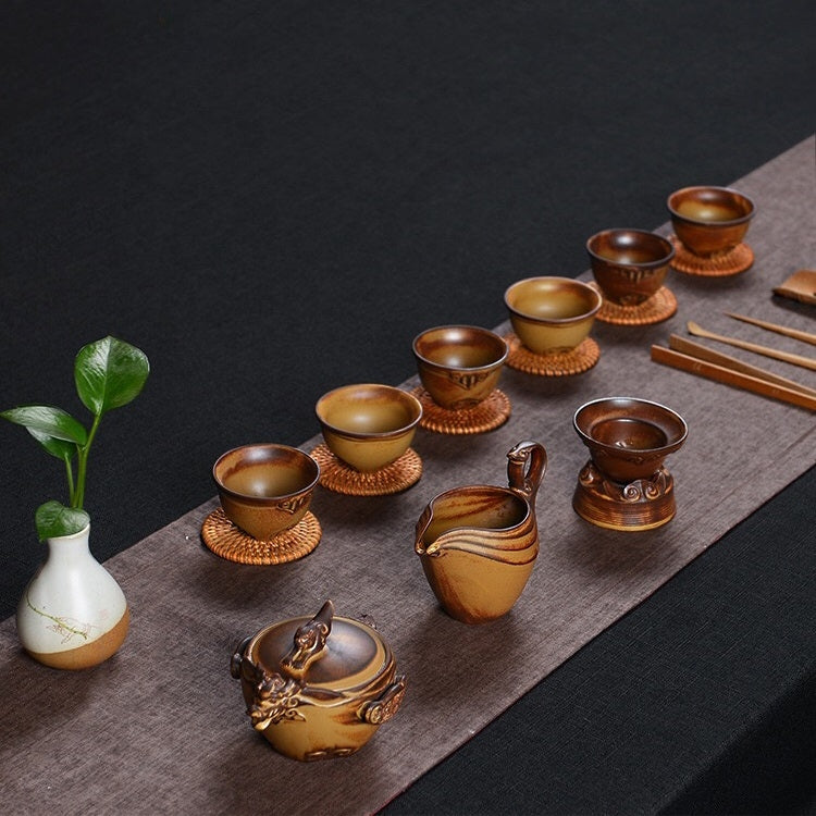9 in 1 Wood Burning Retro Classic Tea Set Tea Set with High-end Gift Box & 6 Cups