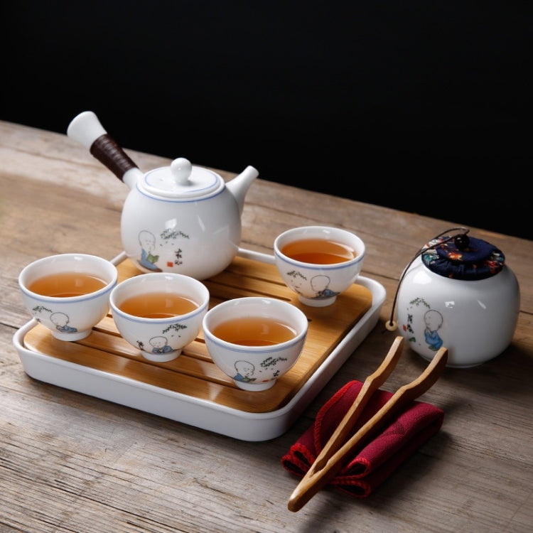 6 in 1 Japanese-style Ceramics Set Kung Fu Travel Tea Set Tea Tray Stoneware Tea Gift Set 4 Tea Cups (White)