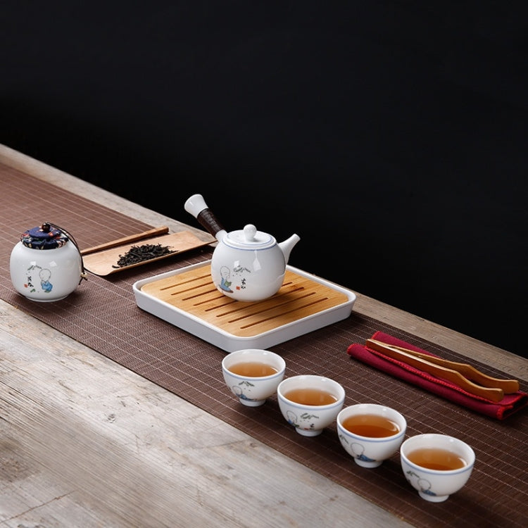 6 in 1 Japanese-style Ceramics Set Kung Fu Travel Tea Set Tea Tray Stoneware Tea Gift Set 4 Tea Cups (White)