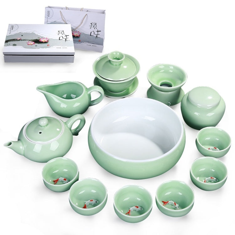 13 in 1 Celadon Ceramic Tea Bowl Set Kung Fu Pot Infuser Teapot 3D Fish Serving Cup Teacup Chinese Drinkware with Gift Box