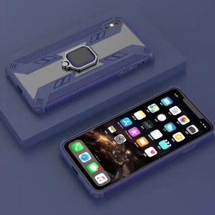 For iPhone XS Max Iron Warrior Shockproof PC + TPU Protective Case with Ring Holder(Dark Blue)