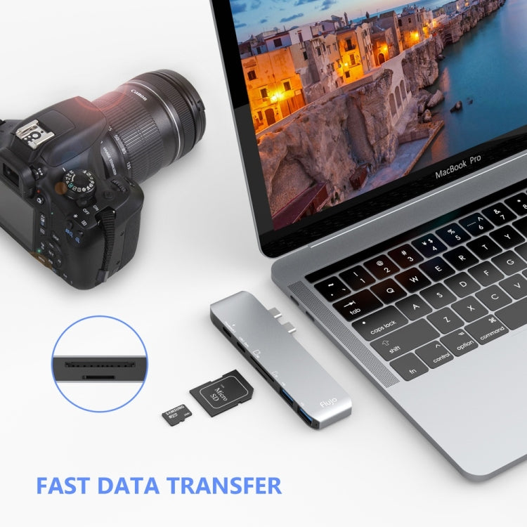 Flujo UC32 USB 3.0 x 2 + USB-C / Type-C + Thunderbolt 3 + HDMI to Dual USB-C / Type-C HUB Adapter with Card Reader