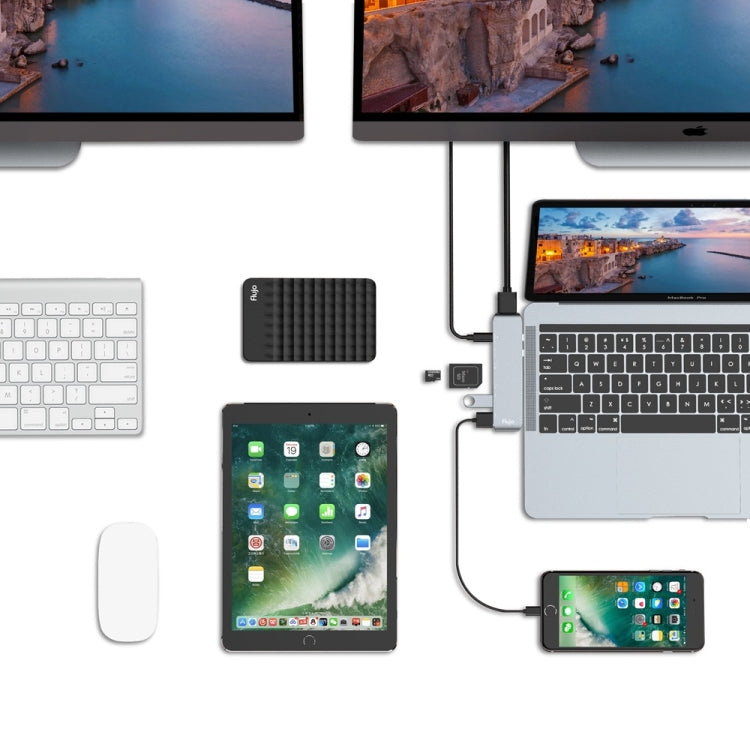 Flujo UC32 USB 3.0 x 2 + USB-C / Type-C + Thunderbolt 3 + HDMI to Dual USB-C / Type-C HUB Adapter with Card Reader