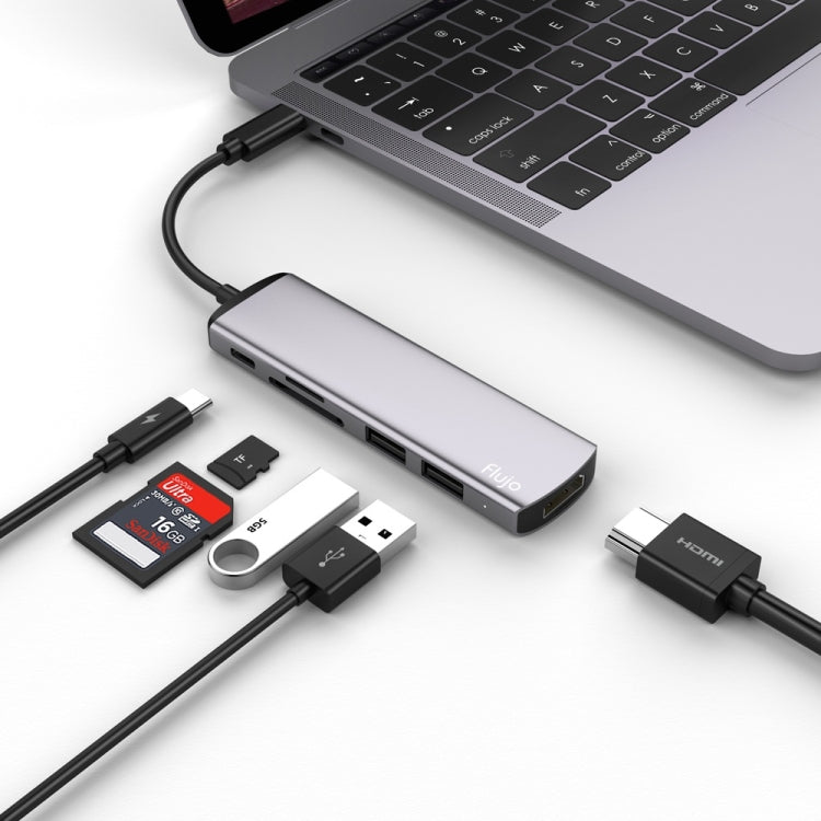 Flujo UC54 6 in 1 USB-C / Type-C PD Port + TF / SD Card + USB 3.0 x 2 + HDMI to USB-C / Type-C HUB Adapter