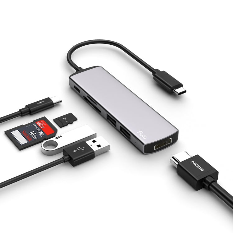 Flujo UC54 6 in 1 USB-C / Type-C PD Port + TF / SD Card + USB 3.0 x 2 + HDMI to USB-C / Type-C HUB Adapter